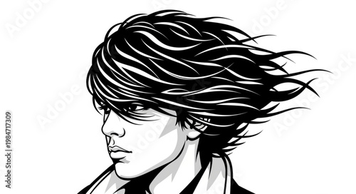 Windswept Youthful Portrait Drawing In Profile.
