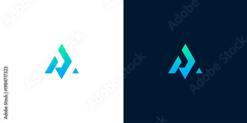 Modern abstract blue green gradient geometric shape resembling letter A on white and dark blue backgrounds