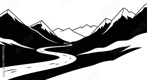 Winding River Through Mountain Valley Ink Illustration.