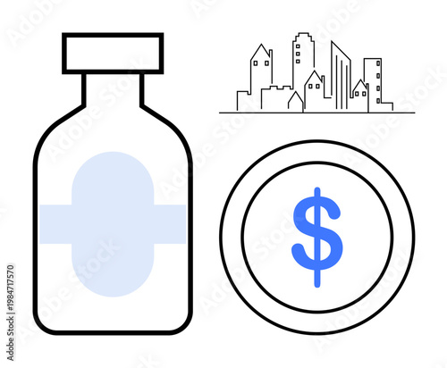 Healthcare funding, urban development, medical industry, economic cost, pharmaceutical production, public health. Medicine bottle, dollar sign city buildings. Healthcare funding and urban