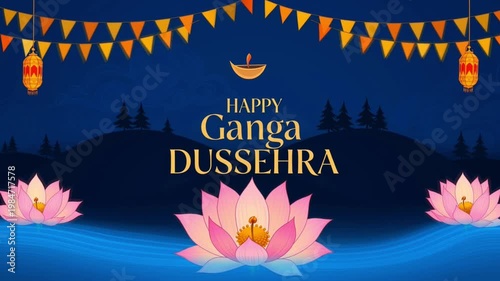 Vibrant 4K Video Background for Ganga Dussehra and Shani Jayanti Celebrations with Lotus and Festive Elements