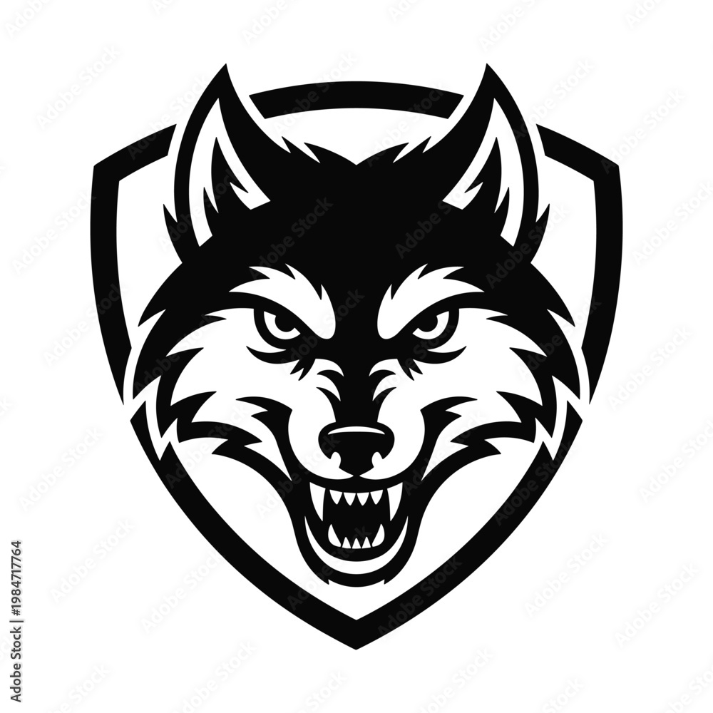 Fototapeta premium Aggressive snarling wolf head emblem with sharp teeth and intense eyes inside a shield shape
