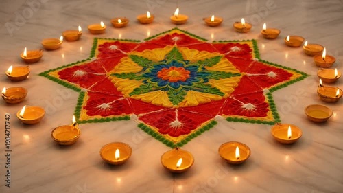 Vibrant Rangoli with Clay Diyas A 4K Video Celebrating Auspicious Hindu Festivals and Cultural Traditions