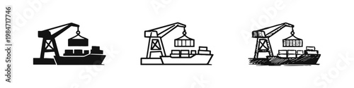 Port Crane Loading Container Ship Icon Set