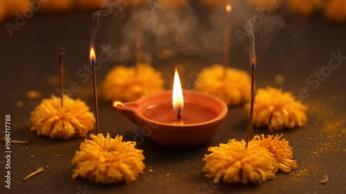 Warmly Lit Clay Diya with Marigold Flowers and Incense Sticks for Festive Hindu Celebrations