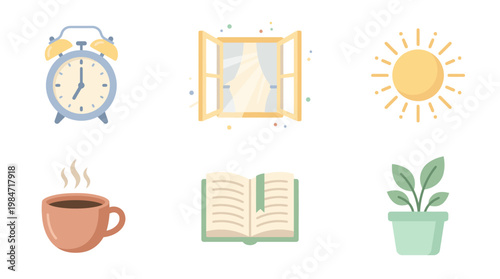 Morning routine begins with coffee and a book by the sunny window with a clock and plant nearby always.