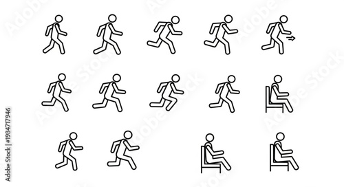 Stick Figure Animation Sequence Showing Running and Sitting Poses.