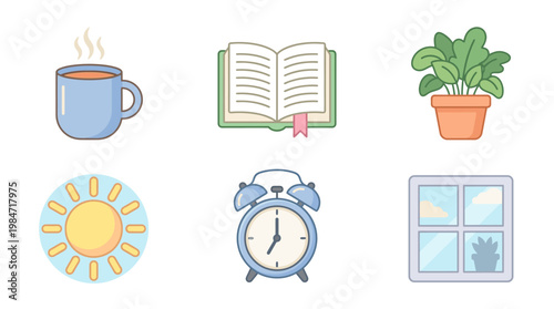 Morning routine icon pack with coffee, book, plant, sun, alarm clock, and window on a desk.
