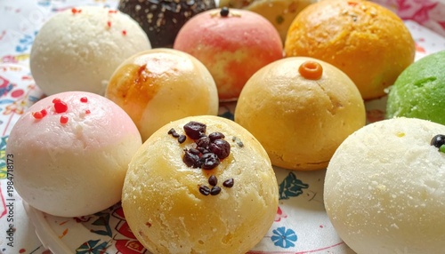 A colorful assortment of steamed buns featuring various flavors like custard and red bean, presented on a decorative tray, offering a delightful culinary experience.