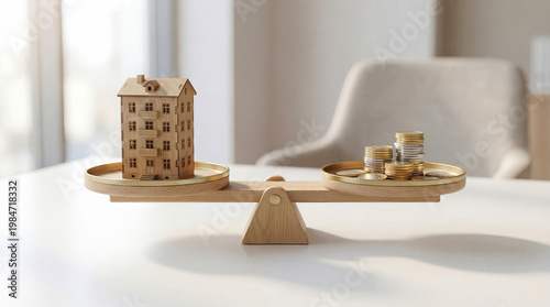 Balanced scale with apartment building model and stacked coins illustrating real estate value and housing investment.