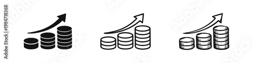 Financial Investment Growth Icon Set with Increasing Stacks of Coins and Rising Arrow