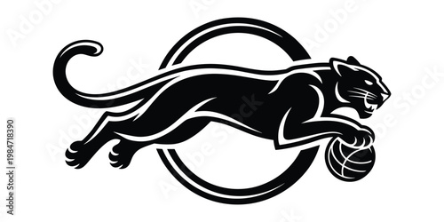 Dynamic black panther leaping with a basketball inside a circular ring graphic