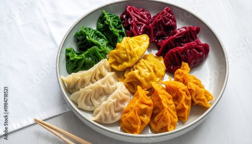 A vibrant platter overflowing with assorted colorful steamed dumplings, a feast for the eyes and palate.