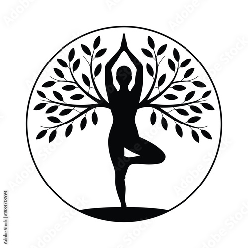 Silhouette of a person in a yoga tree pose integrated with a stylized tree of life emblem