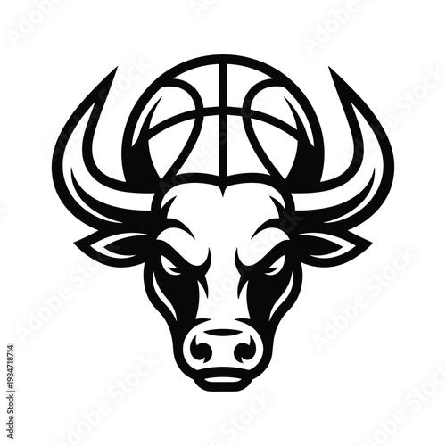 Stylized aggressive bull head combined with basketball logo for sports teams and branding concepts