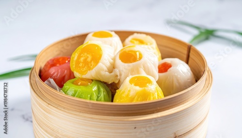 Colorful Steamed Dim Sum Delicacies in Bamboo Steamer Basket, Vibrant Yellow Filling Peeking Through