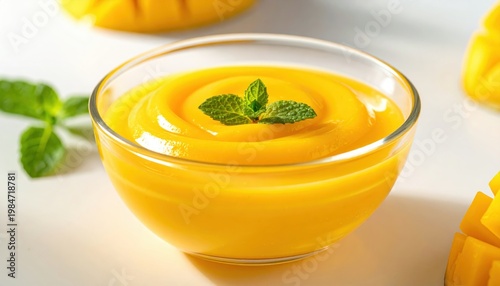 Creamy Mango Pudding Dessert with Fresh Mint Garnish, Served in a Glass Bowl, A Refreshing Tropical Treat