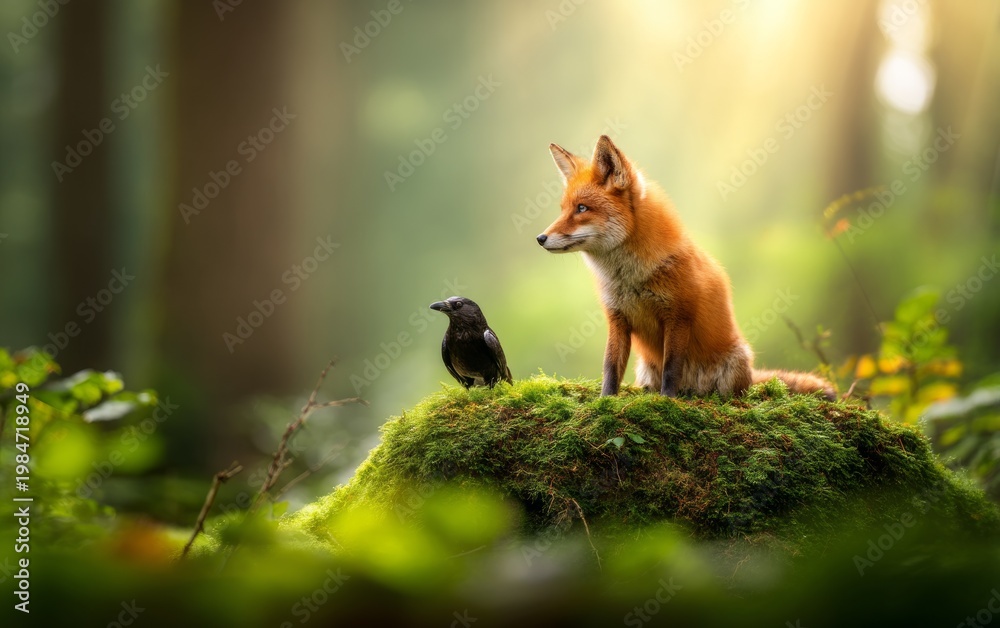 Fototapeta premium Fox and Crow on Moss-Covered Rock in Dense Forest Environment