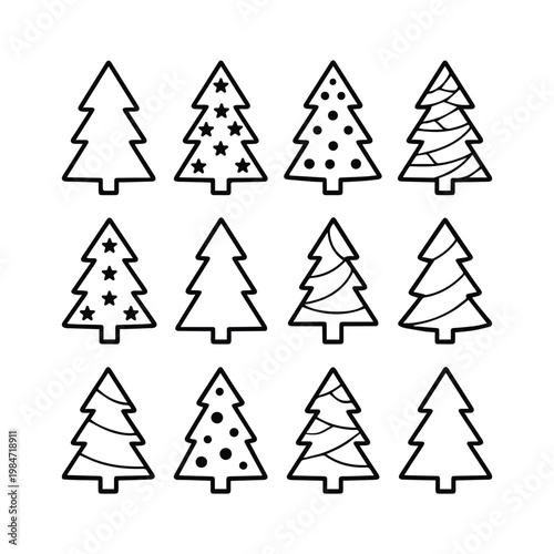 Christmas tree outline icon set, vector illustration.