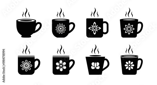 Collection of coffee mugs and tea cups with floral and geometric patterns featuring steam symbols in black silhouette style isolated on white background vector