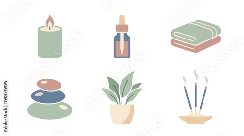 Relaxing spa scene with candle, plant, and towels on a serene background with stones.