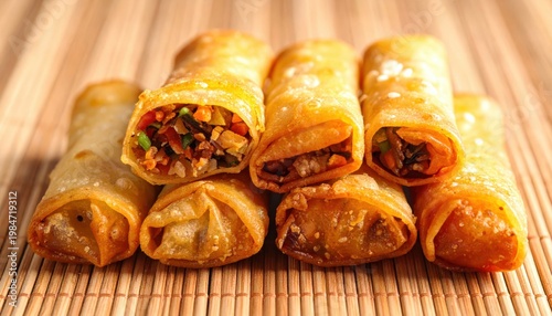 Crispy Golden Fried Spring Rolls with Savory Vegetable Filling on a Bamboo Mat