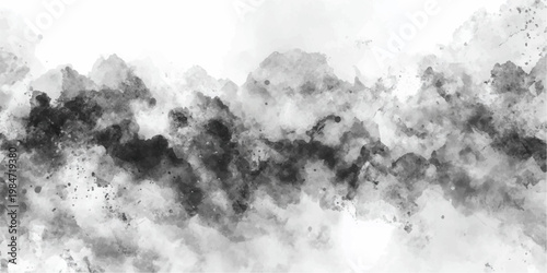 An abstract blue sky with white clouds and dark smoke creates a motion of light and fog over a water fountain in the mountains under a stormy night heaven