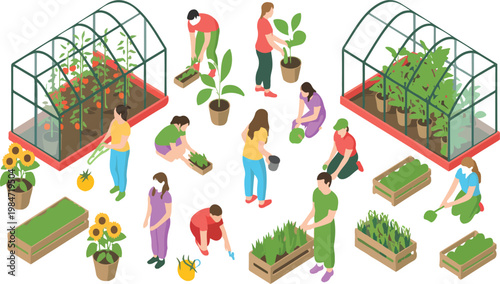 Isometric garden and farming plant set with greenhouse, pumpkin, tomato and pepper, organic harvest season outdoor activity vector illustration isolated