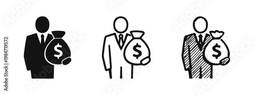 Successful Businessman Holding Money Bag Icons for Financial Gain