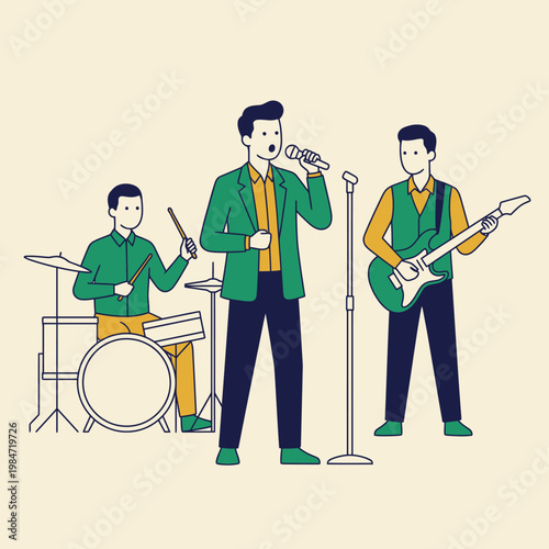 Wallpaper Mural Flat illustration of a musical band performing with a drummer, singer, and guitarist in green and yellow outfits against a pale background. Torontodigital.ca