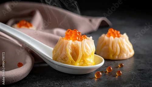Exquisite Steamed Crab Dumplings Crowned with Vibrant Orange Roe, a Delicious Asian Delicacy Served on a Spoon.