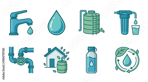 Illustrations of water icons including taps, bottles, and filters for conservation.