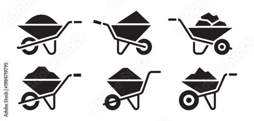 Wheelbarrow construction silhouette vector icon set building and gardening transport tool symbols illustration collection