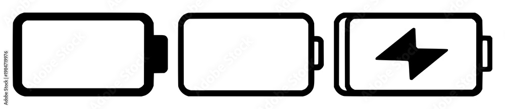 Obraz premium Battery charging icon set with solid black line art on white background featuring battery, charging symbol, power with icon and graphic