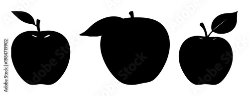 Apple set with minimalist black silhouette on white background featuring fruit, nature, edible illustration with line art and outline