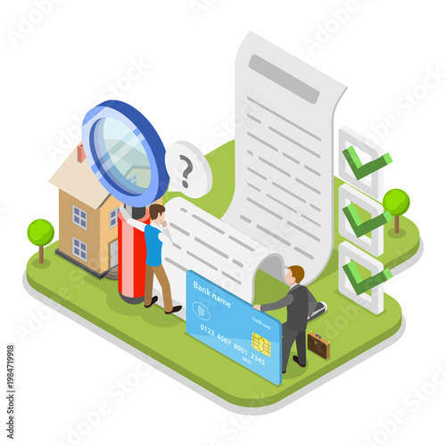 3D Isometric Flat Vector Illustration of Home Loan Agent Checking Credit History, Mortgage Broker Services. Item 3