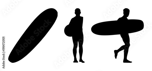 Bodyboard set with black silhouette on white background featuring board, wave, sport with water and surfing on beach shores