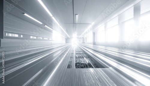 Futuristic digital light tunnel with blurred motion and bright illumination, representing advanced technology and data flow.