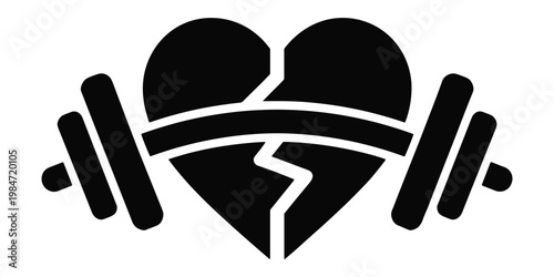 Symbolic representation of a cracked heart with a barbell passing through it isolated on transparent background