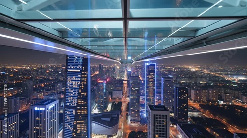 Futuristic Illuminated Glass Bridge Above Megacity With Bright Skyline Reflections Stunning Urban SciFi Architectural Wonder