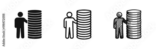 Wealth and Savings Concept Icons with Person and Coin Stack
