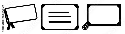 Certificate icon set with bold black line art design featuring diploma, academic, achievements with silhouette and symbol