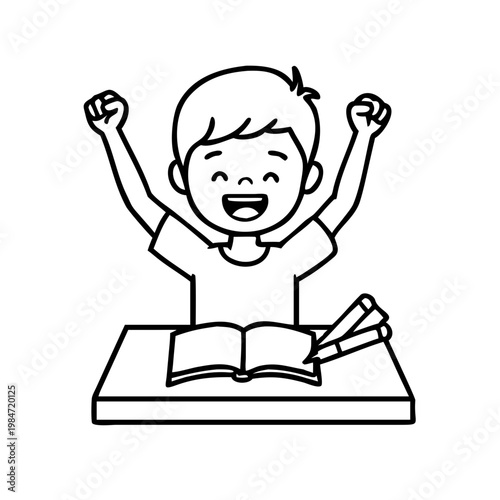 A cheerful boy celebrating with raised arms while sitting at a desk with an open book and pencils