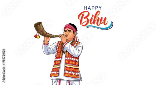 Illustrated vector art showcases a man in traditional Assamese attire blowing a horn, set against a clean white backdrop, celebrating the Bihu spring festival with a vibrant and festive