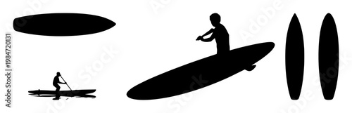 Paddle board set with black silhouette on white background featuring paddle board, water sports, watercraft with black line art and minimalist style