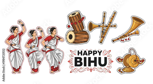 Illustrated with festive elements, a Happy Bihu greeting design features dancing women in traditional Assamese dress alongside musical instruments, set against a clean white background