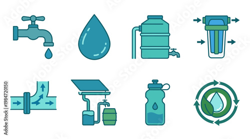 A collection of icons depicting water, filtration, and purification systems in use outdoors today.