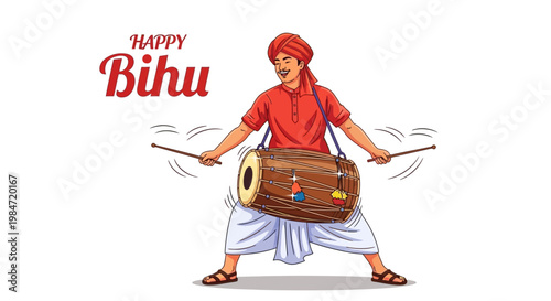 An exuberant illustration showcases the Assam harvest festival with a man in traditional Assamese attire playing a dhol, set against a clean white background, radiating a festive atmosphere