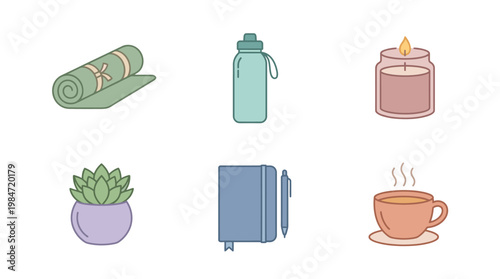 Relaxing morning with yoga mat, water bottle, candle, plant, journal, and coffee cup indoors.