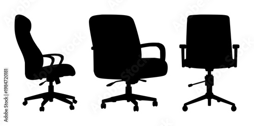 Home office chair set with solid black icon on white background featuring office furniture, seating, ergonomic design with vector and illustration